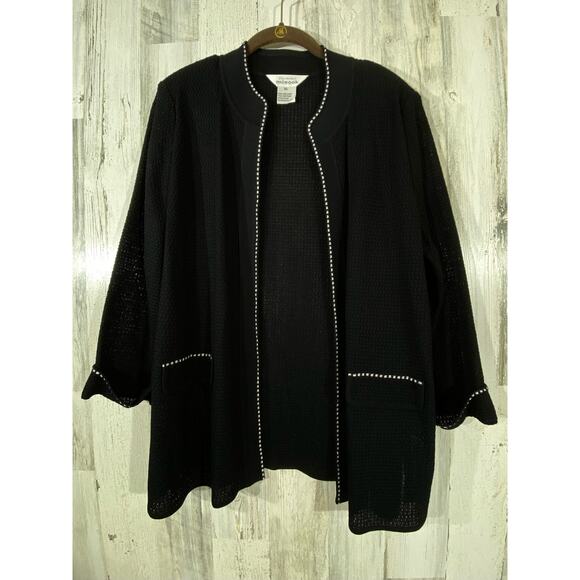 Exclusively Misook Womens Cardigan Black White Trim Mesh Knit Open Front Size XL - Picture 1 of 9